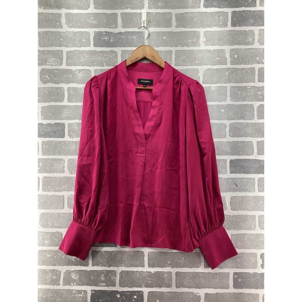 Banana Republic Magenta Pink Bishop Sleeve Satin Blouse Large Split Neck Top
